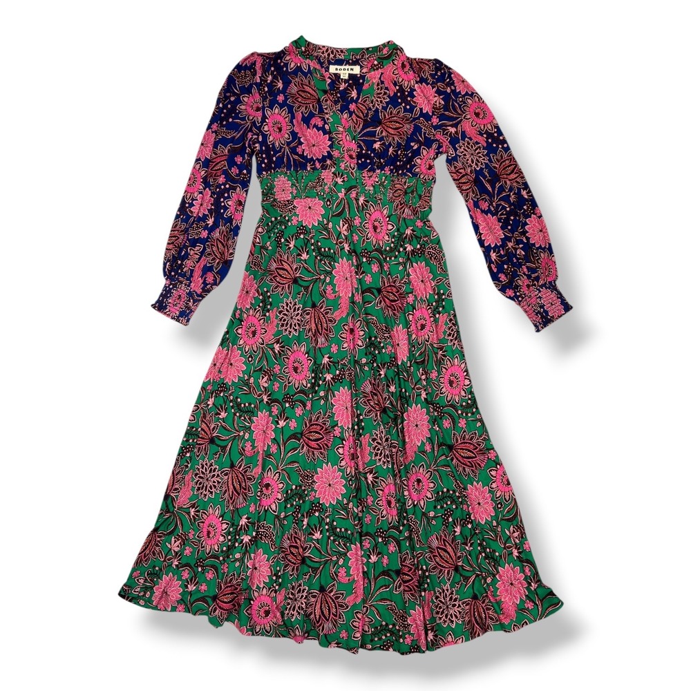 Boden Ivy Smocked Boho Midi Dress 6 Floral Green Pink Cottagecore Long Sleeve - Picture 9 of 9